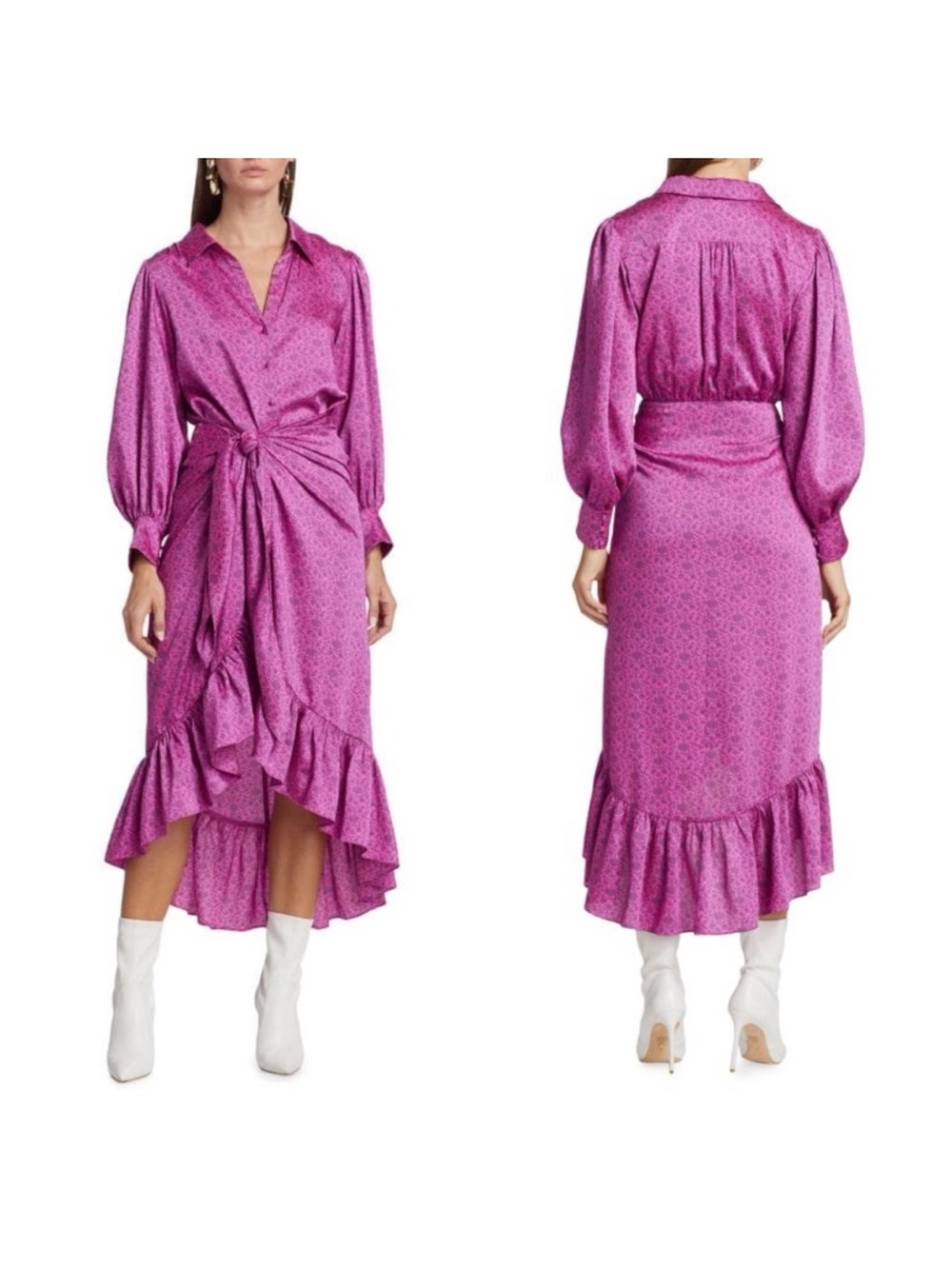 cinq a sept Fuchsia Tie-Front Long Sleeve Maxi Dress